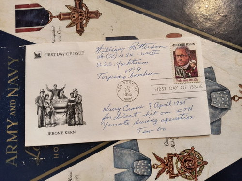 WWII SBD Pilot Lt (jg) WILLIAM W. PATTERSON VT-9 Scored hit on YAMATO Signed FDC