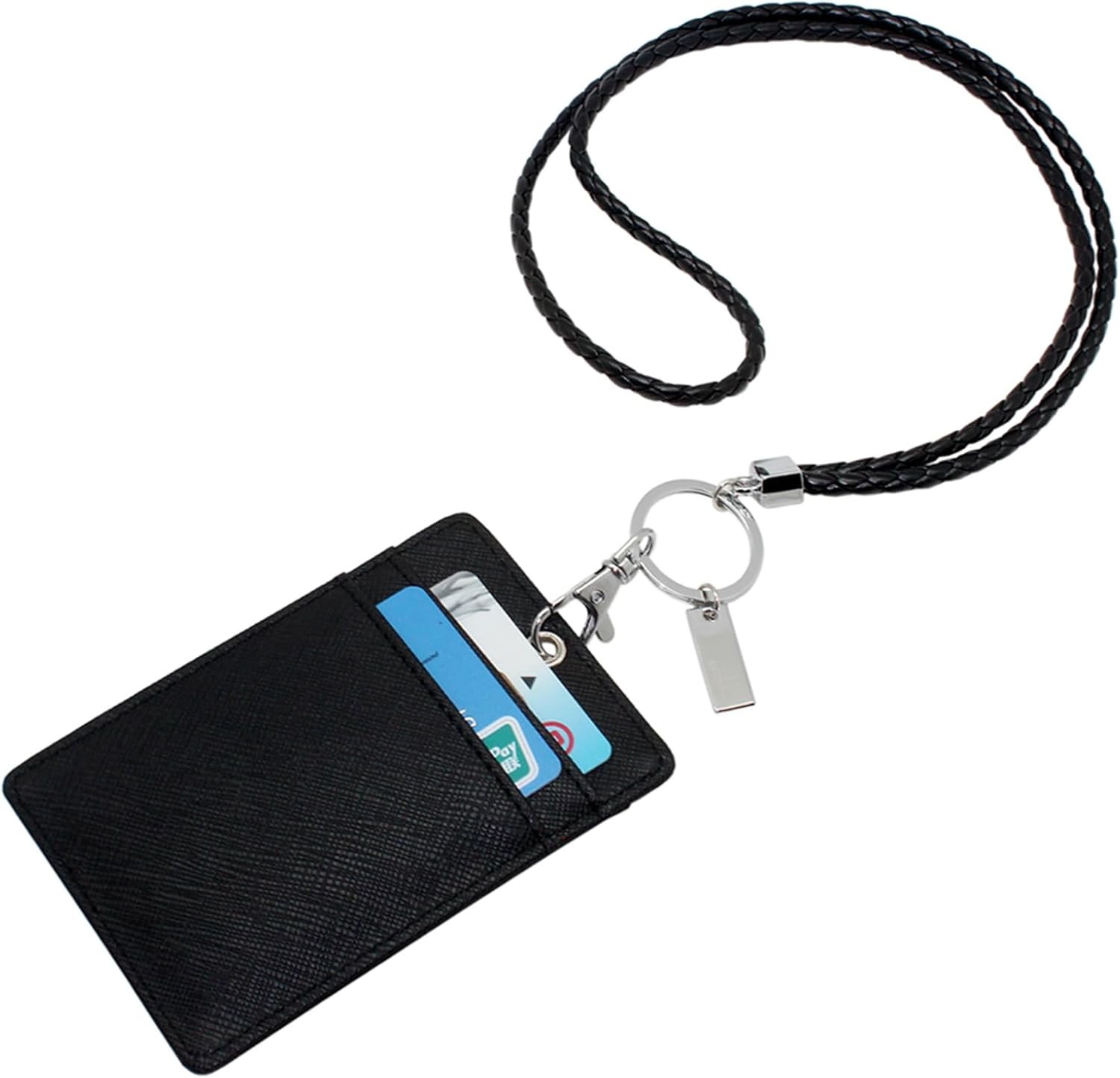 Boshiho Vertical Style Leather ID Card 4.5 x 3.1 inch, Black With Keychain 