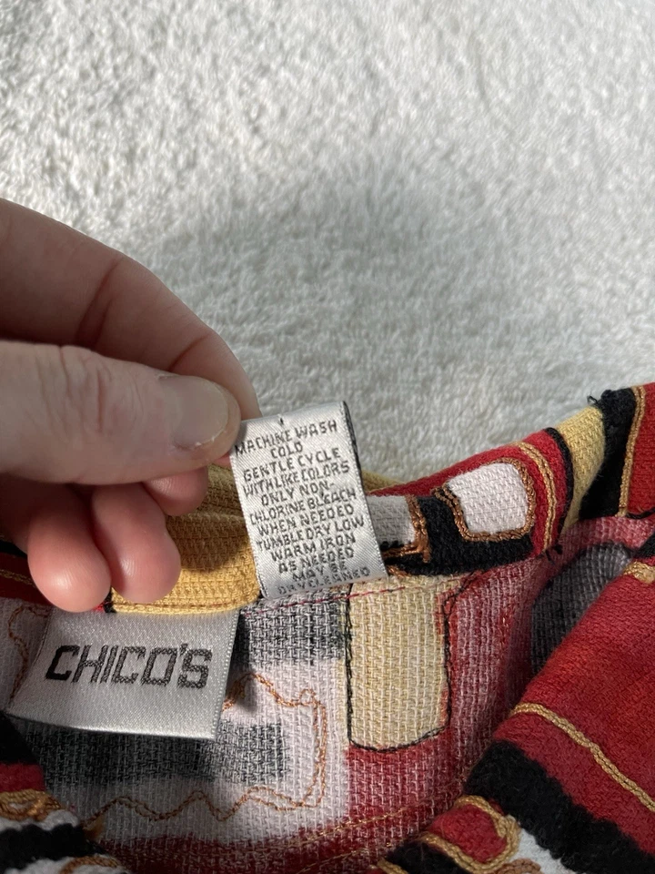 Chico's Women’s Size 3/L Embroidered Button Front Jacket Red/Gold Abstract Boho - Image 3 of 4