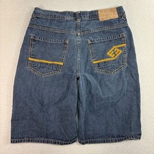 Y2K Enyce Baggy Jean Shorts Men 34x12 Blue Jorts Embroidered Denim Loose Relaxed