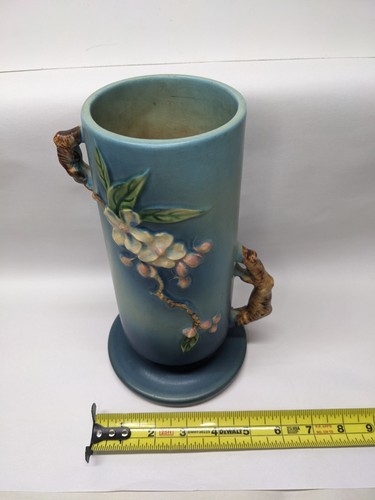 VTG Roseville Pottery Blue APPLE BLOSSOM, Double Branch Handles Vase #387-9 - Picture 16 of 17