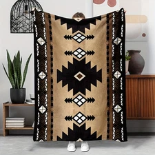Tan Black Southwest Navajo Diamond Arrow Geometric Tribal Fleece Throw Blanket