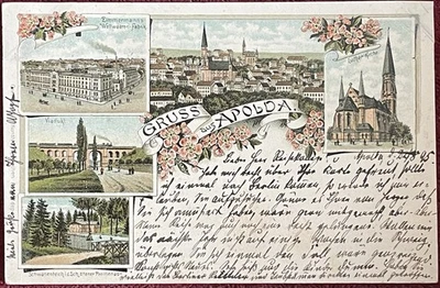 Litho Gruß aus Apolda Vorläufer 1895 Viadukt Wollwaren Fabrik Kirche Teich AK - Bild 1 von 4