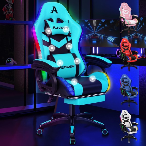 Silla Gaming con Masaje 8Puntos 12 Colores Luz LED RGB, Silla Oficina Ergonómica...