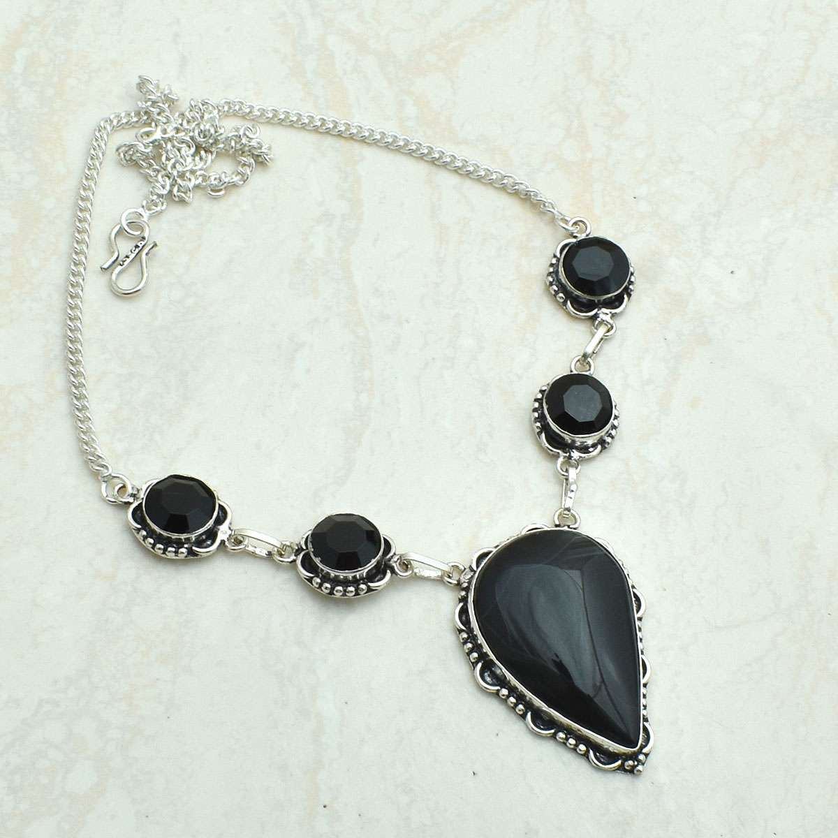 Black Onyx Gemstone Handmade Ethnic Necklace for Women Gift 30g AN 67549