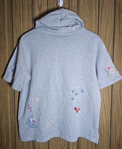 Johnny Was Cleo Short Sleeve French Terry Hoodie Size Medium Grey Embroidered - Picture 3 of 5