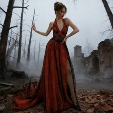 Gothic Red Halter Deep V Wedding Dresses High Slit Sequin Train Bridal Gowns