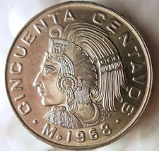 1968 MEXICO 50 CENTAVOS - AU/UNC - Great Coin - FREE SHIP - Mexico Bin #3