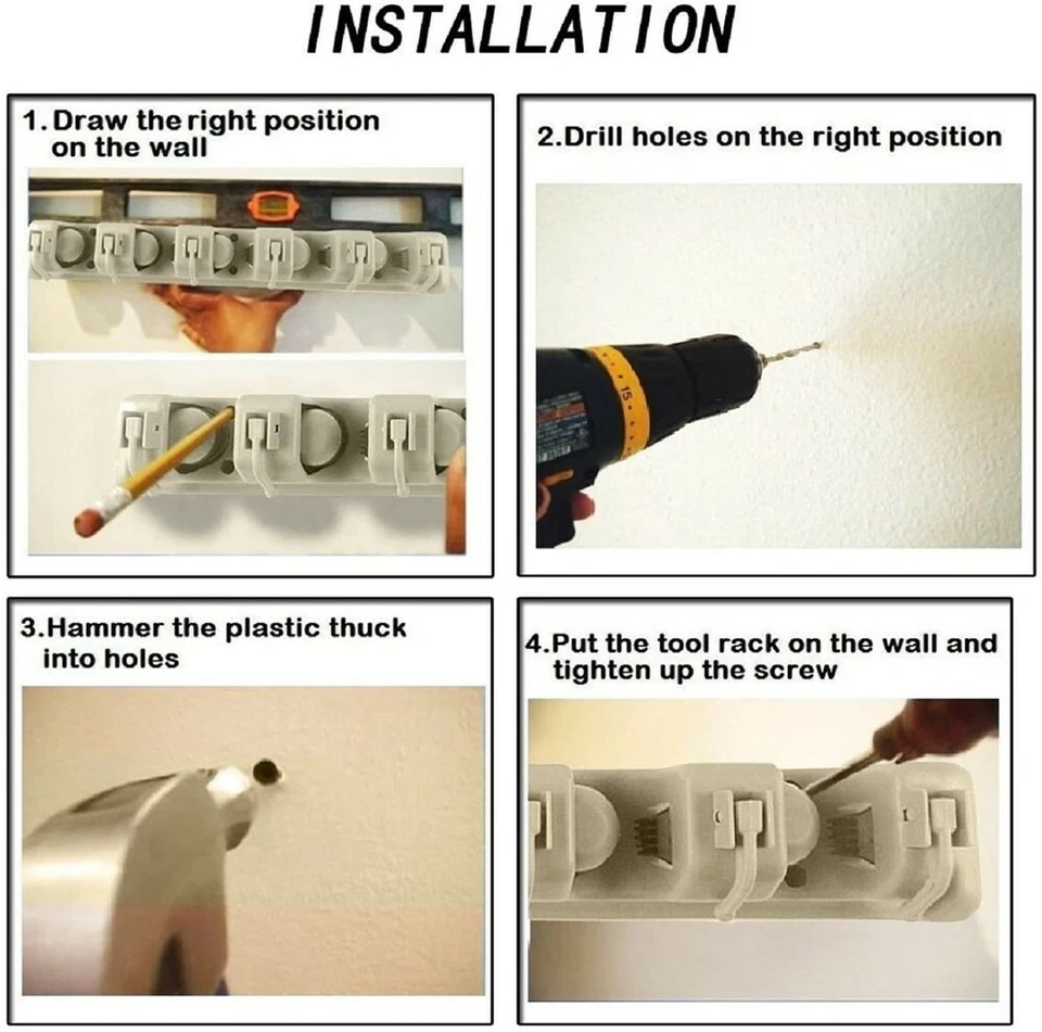 Soporte para escoba y herramienta de jardín organizador de garaje 5 ranuras 6 ganchos para rastrillo fregona pared Foto 4 de 4