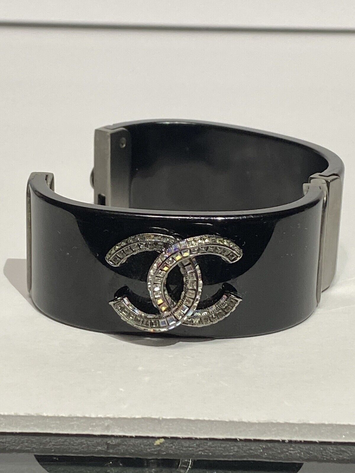 Chanel 2015 Black Resin & Blue Crystal CC Narrow Cuff Hinged Bangle  Bracelet ✨