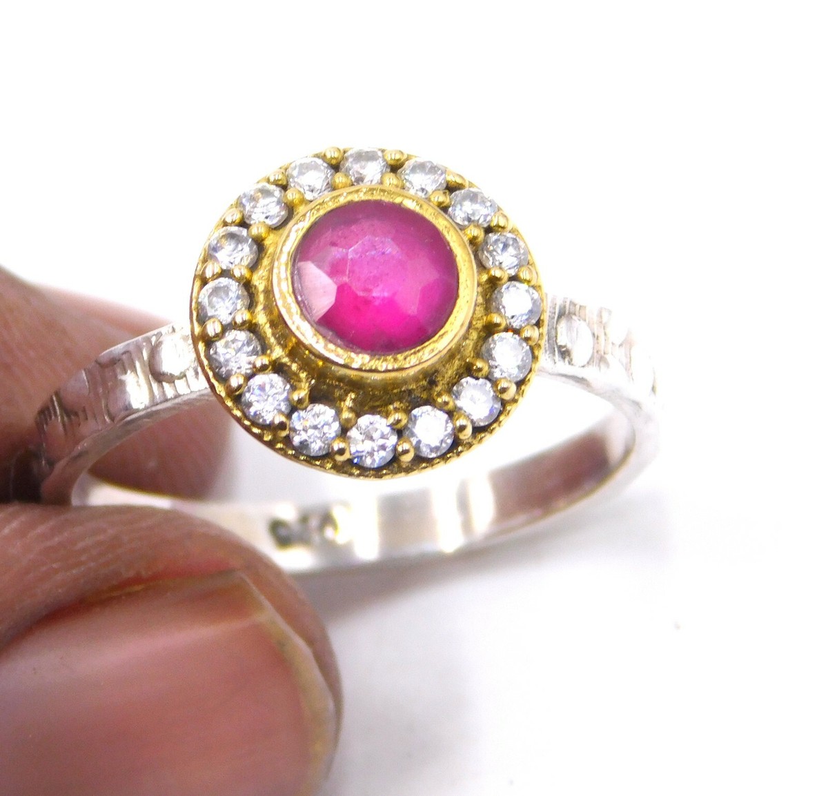2.7 Gm 925 Sterling Silver Lab Created Ruby Stone Two Tone