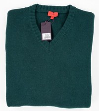 ISAIA Solid Green V-Neck Sweater Pique Knit Pure Cashmere Slim Fit Pullover M