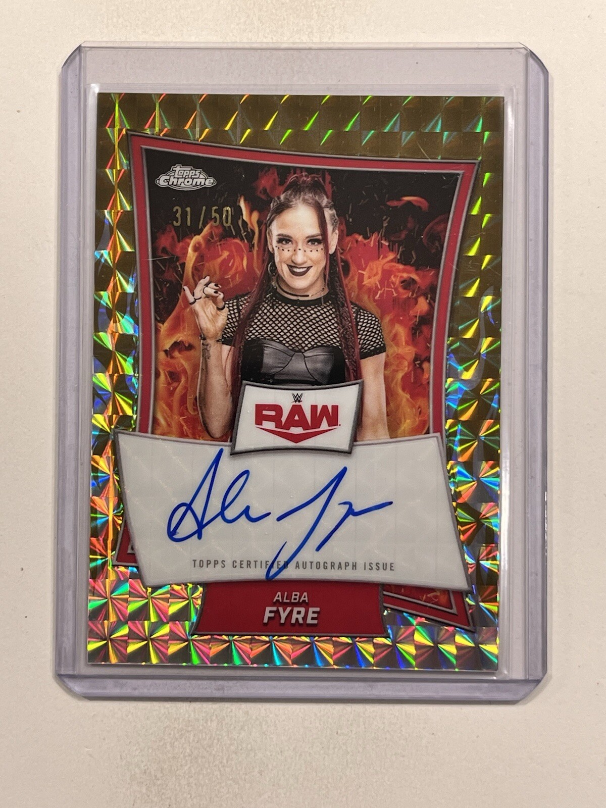 ALBA FYRE 2025 Topps Chrome WWE Gold Geometric Red Brand AUTO Card # 31/50