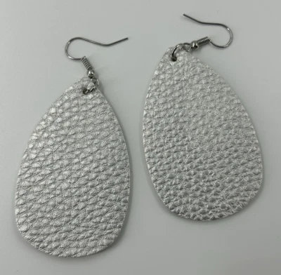 Leather Silver Tone Tear Drop Shape Textured Dangle Earrings 3" Drop - Image 1 of 4