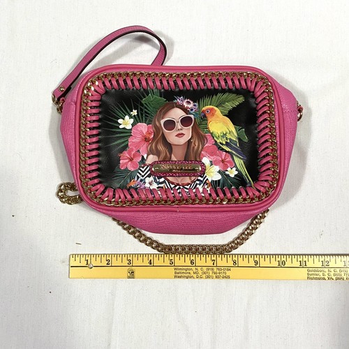 Nicole Lee Pink Faux Leather Tropical Parrot Print Baggette Purse w/ Chain Strap - Picture 7 of 10