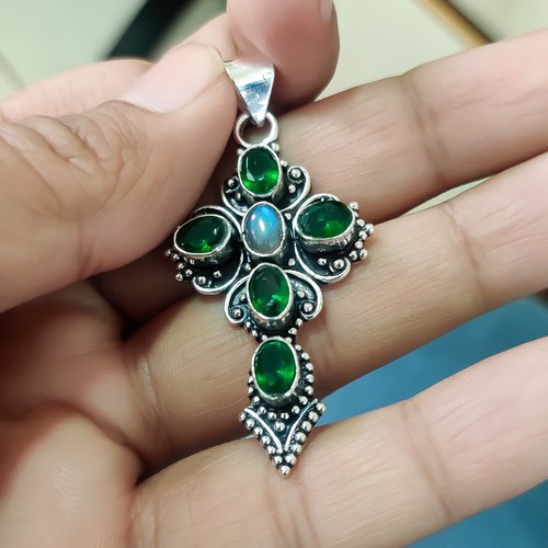Multi Diopside & Labradorite Gemstone 925 Sterling Silver Cross Easter Pendant - Picture 10 of 10