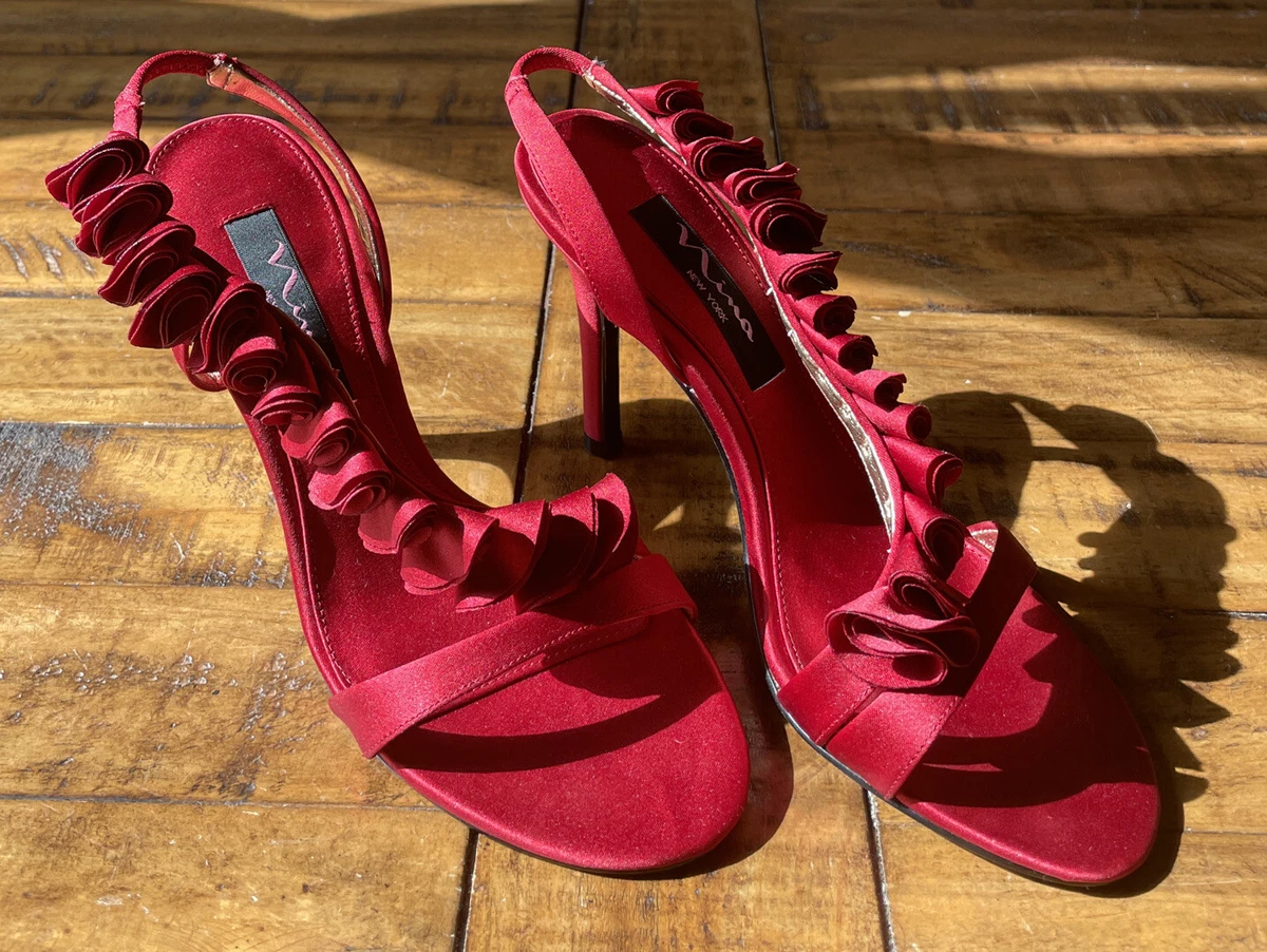 Nina Womens Red Luster Satin Sandals High Heel Shoes Size 6M Red New