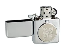 Butterfly w/Stone Stainless 3D Flip Top Chrome Oil Lighter Wind Resistant