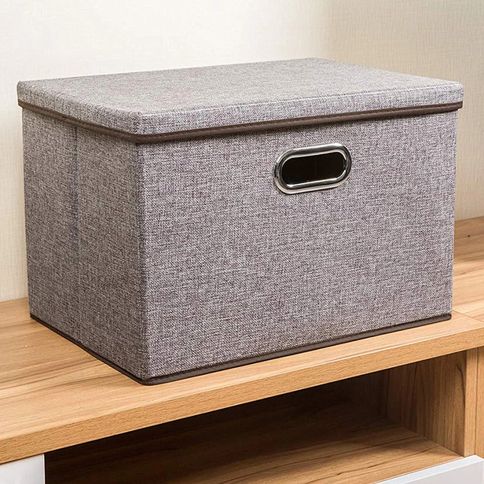 Foldable Large Collapsible Organizer Fabric Storage Bins Box with Lid (Brown) - Image 2 of 4