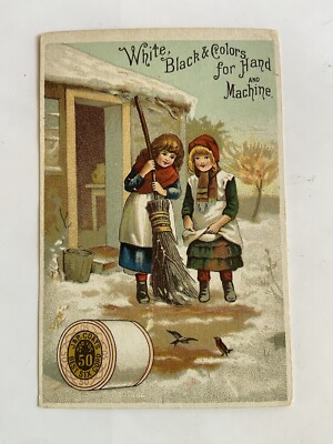 VICTORIAN TRADE CARD J &P COATS THREAD c1880s 2 GIRLS snow scene, A85
