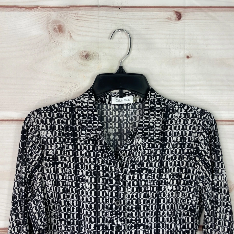 Calvin Klein Dress Womens 4 Black 1/2 Button Up Shirt Belted Long Sleeve Collar - Image 2 of 4