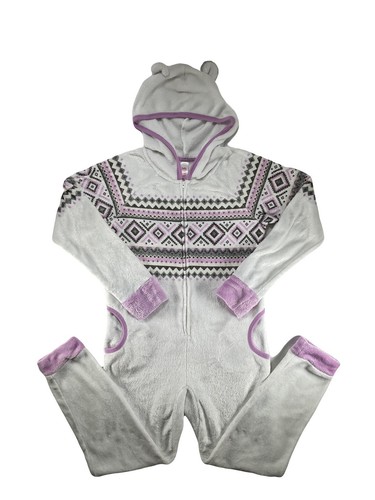 Justice One Piece Pajamas Hooded Fleece Fair Isle Polar Bear W/Slippers 10 USED - Picture 2 of 7