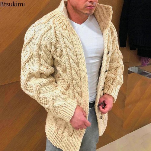 New 2024 Autumn Winter Men's Warm Coat Cardigan Sweater Stretchy Long Sleevev - Picture 17 of 27