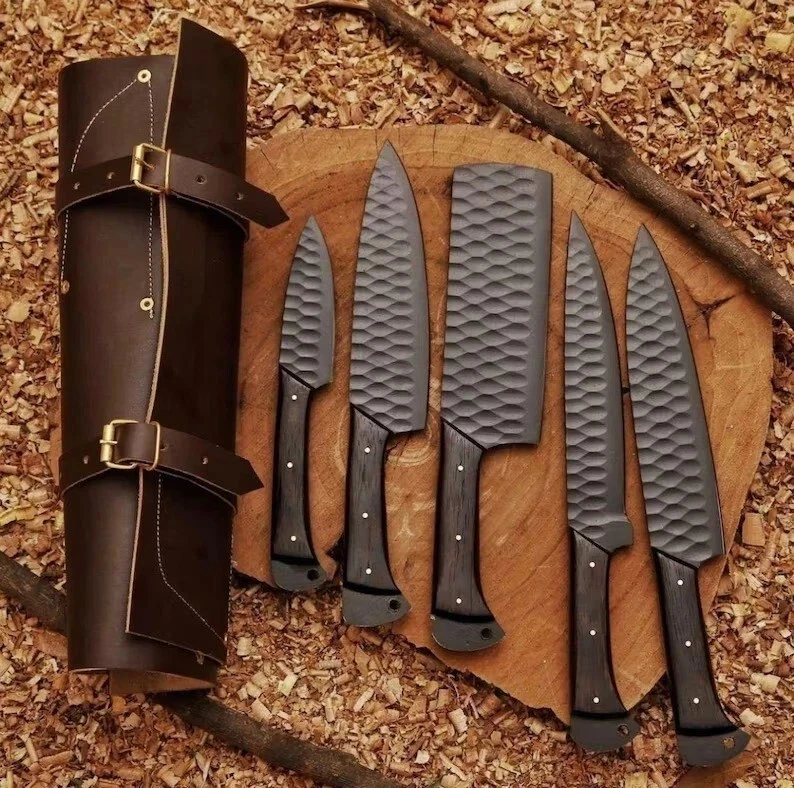 Hand Forged Damascus Chef Knife Set of 5 BBQ Kitchen Gift for Her Premium Steel!