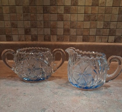 Vintage Heavy Cut Crystal Glass Creamer & Sugar Bowl Etched Flowers