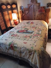 Vtg Bedspread Italy Hand Painted Silk Moire Baroque Rococo Fragonard Gold Fringe