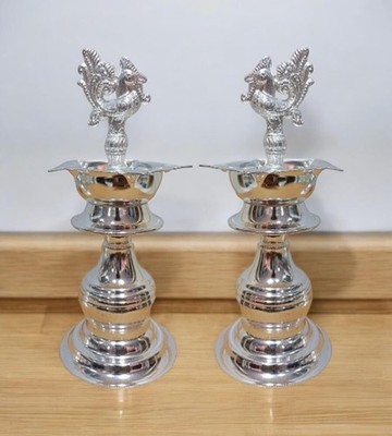 German Silver 7x3 Inch Peacock Handle Plain Diya for Home Temple Pooja Festival