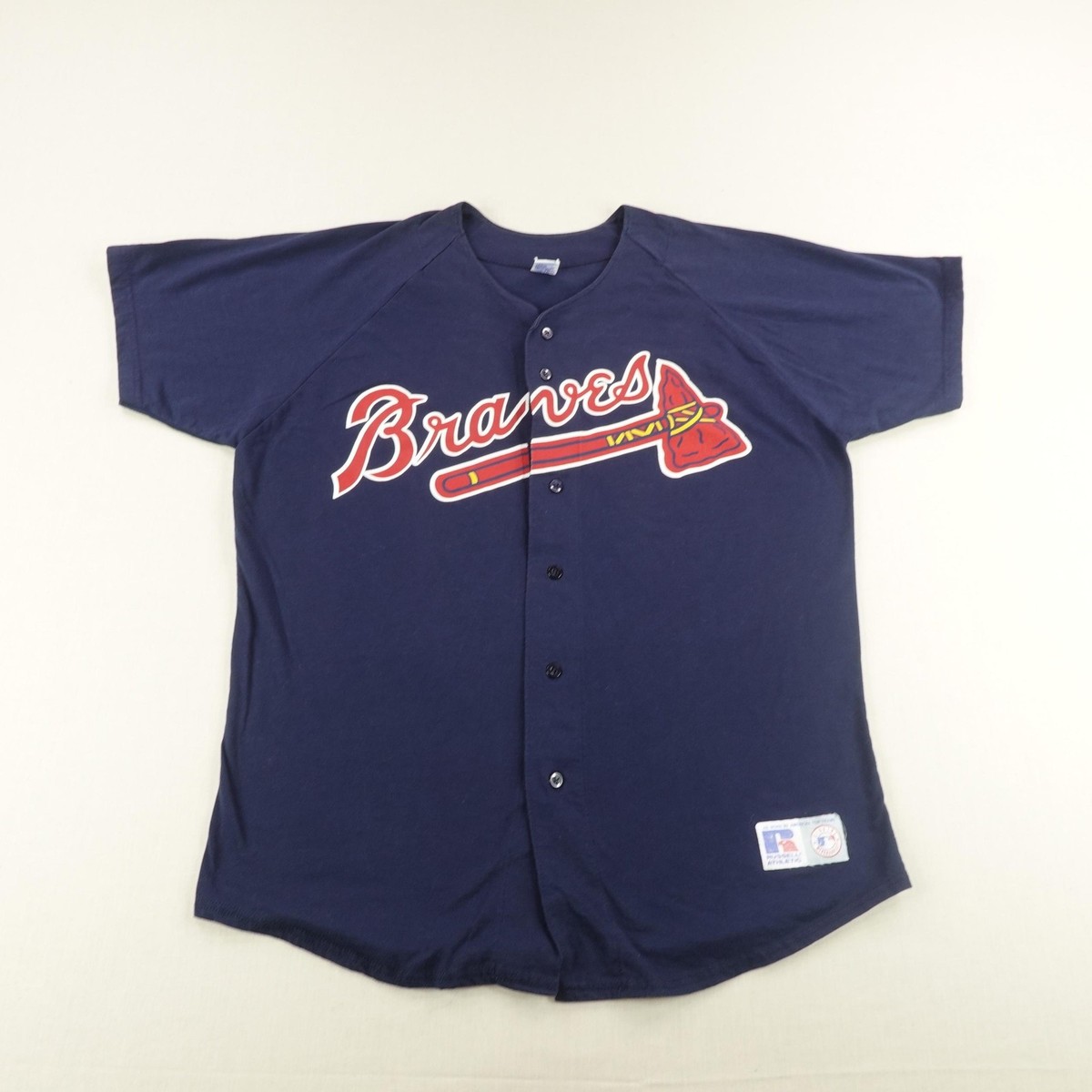 Vintage Atlanta Braves Jersey Men XL Blue Russell Athletic Button