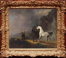 Handmade Old Master-Art Antique Oil painting Animal Bay Racehorse 24*30 in