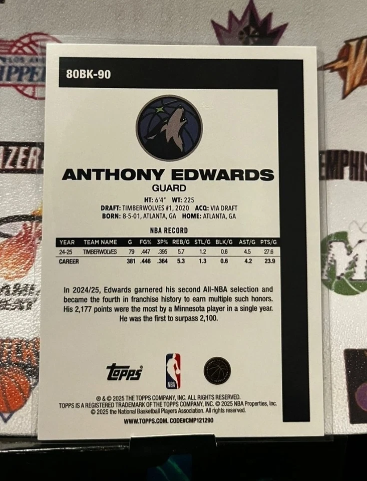 Topps Anthony Edwards 2024-25 Topps Chrome 80th Anniversary #80BK-90 - Bild 2 von 2