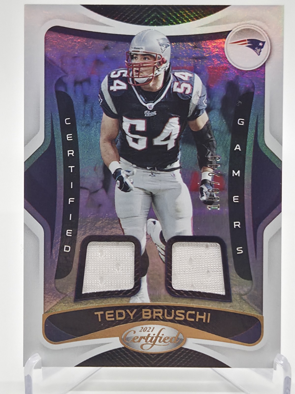 Tedy Bruschi 2021 Certified Football Certified Gamers Dual Game Used Jersey /249
