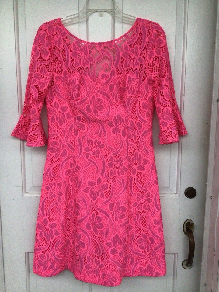 Vestido para mujer Lilly Pulitzer "Allyson" rosa trópico encaje 3/4 campanas sin dejar talla 6. Foto 4 de 4
