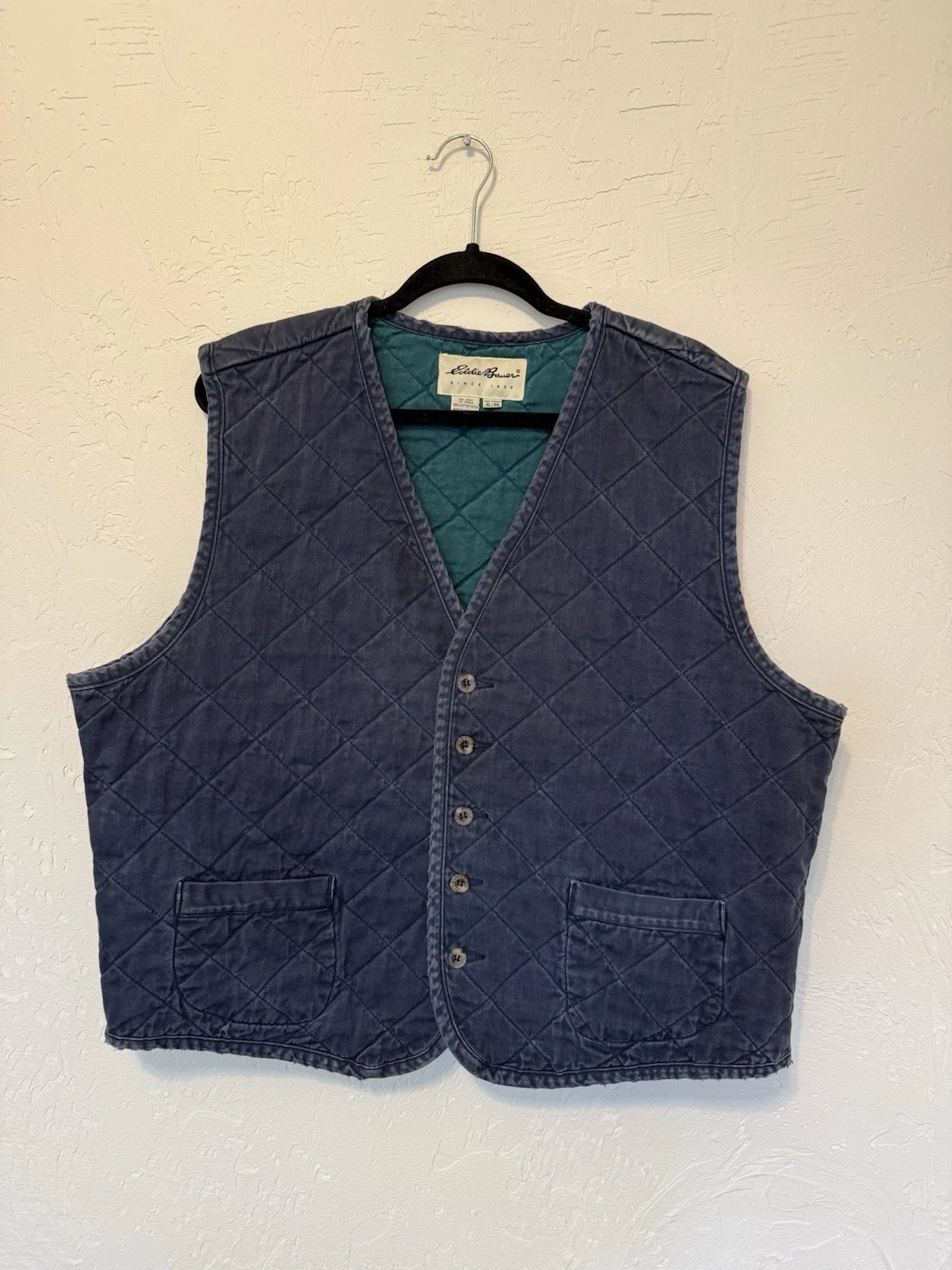 Eddie Bauer Mens XL Vintage Blue Diamond Quilted Vest Gilet Outdoors Western 90s