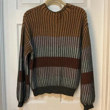 Sugar Fox Women Sweater Striped Bell Sleeves Gray Red Gold Grunge MEDIUM Peasant