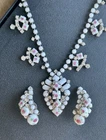 Vintage Jewelry Lot Rose Floral Milk Glass Rhinestone Necklace Earrings Set    C