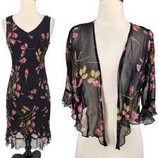 Robbie Bee 90s Silk Dress Set – Black Floral Sheath Dress Matching Sheer Jacket
