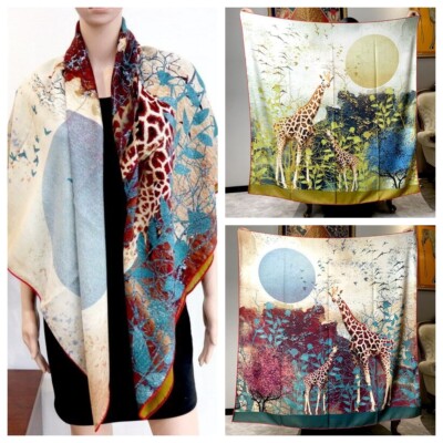 70% Cashmere & 30% Silk Wrap Scarf Shawl Giraffe Print Double Face Kerchief 53''