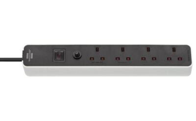 Ecolor FB 4 Gang Mains Extension Lead, 250V AC, 13A, 5M, Black/White 1153243520