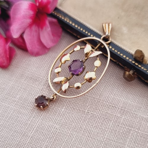 Contagocce ovale pietra edoardiana oro rosa 9 carati oro rosa viola pietra Lavalier pemdant - Foto 11 di 11