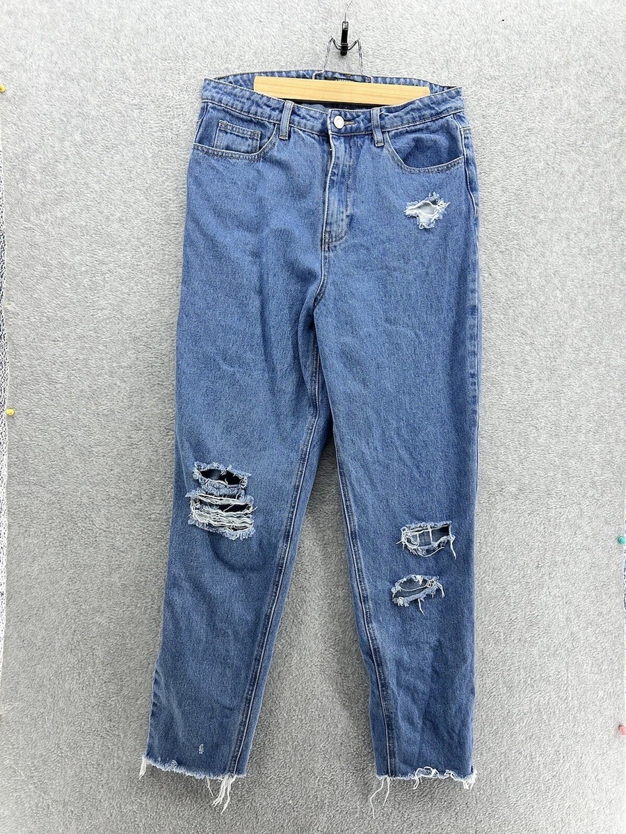 Missguided Women's Blue Denim Jeans Tall Size 6L Distressed Medium Wash