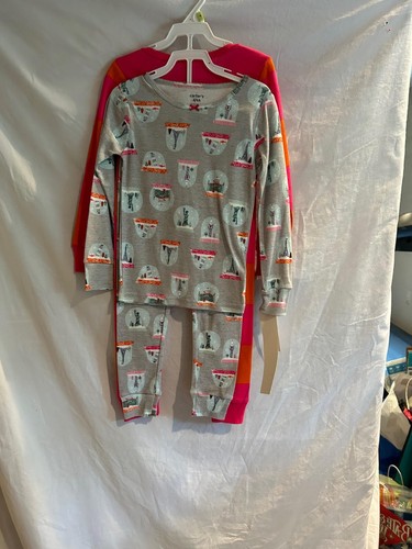 Carter's Girls Pink Gray 4 Piece PJ Set Long Sleeve Pants Snow Globe/Paris NWT - Picture 2 of 3