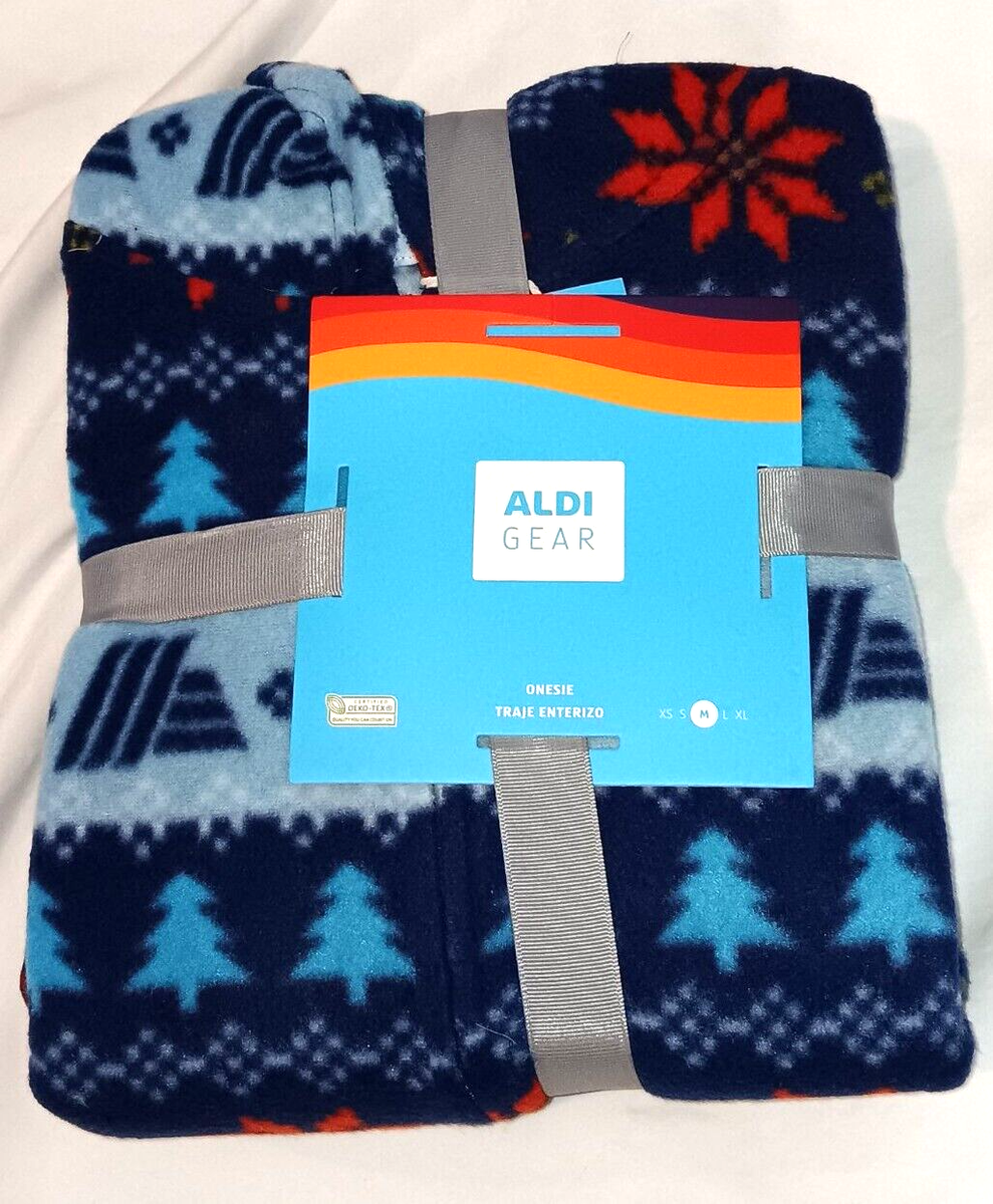 NEW Aldi Gear Unisex Blue Holiday Christmas One Piece Pajamas Zip