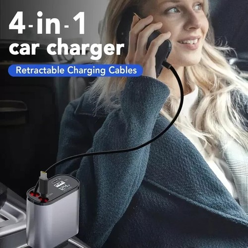 Retractable Car Charger 4 in 1 Fast Car Phone Charger 60W Apple & Type C Cable - 第 2/9 張圖片