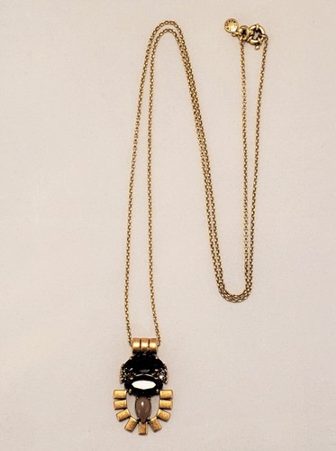J CREW Necklace Long Antique Gold Link Chain, Black Crystal Taupe Stone Pendant - Picture 2 of 5
