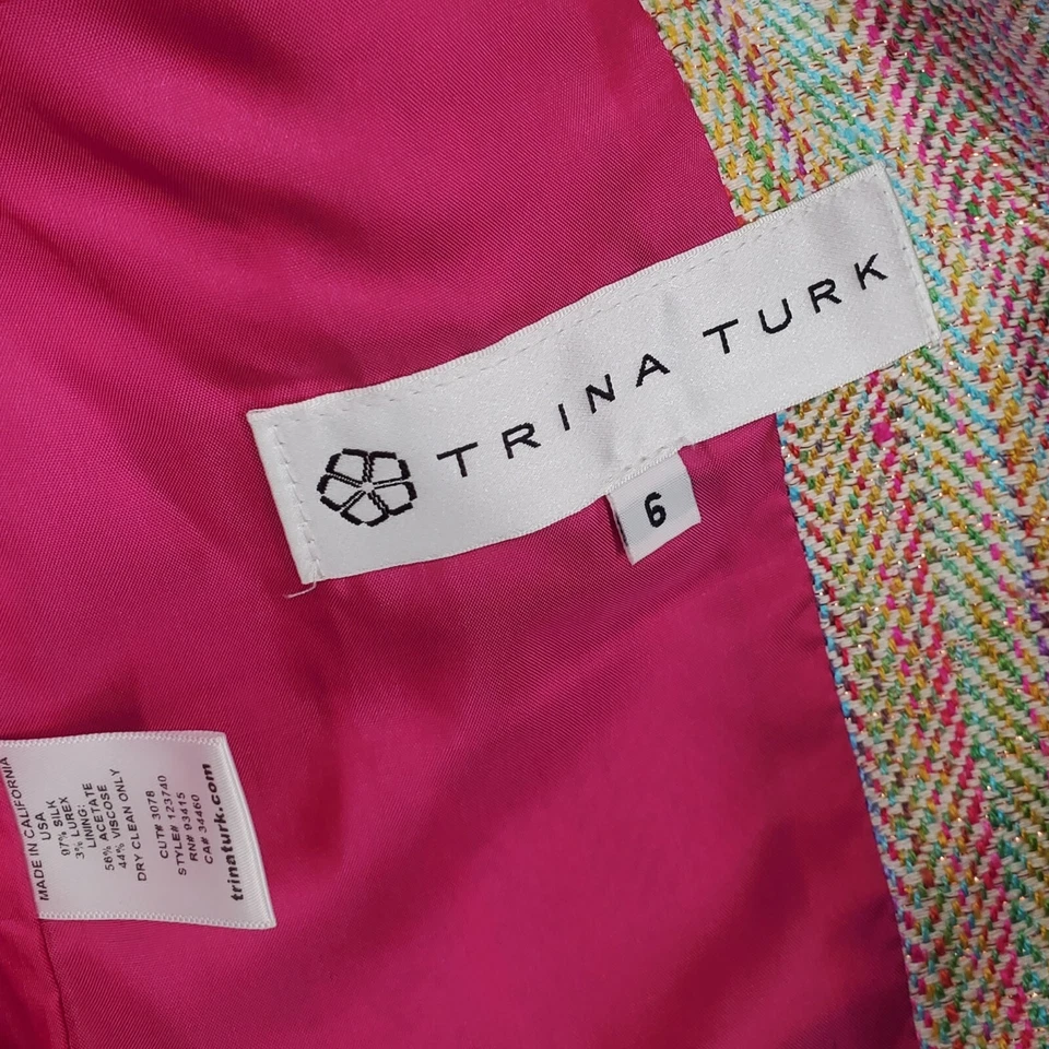 Women's Trina Turk Tweed Blazer Jacket Rainbow Confetti Silk Blend Size 6 A11 - Image 4 of 4