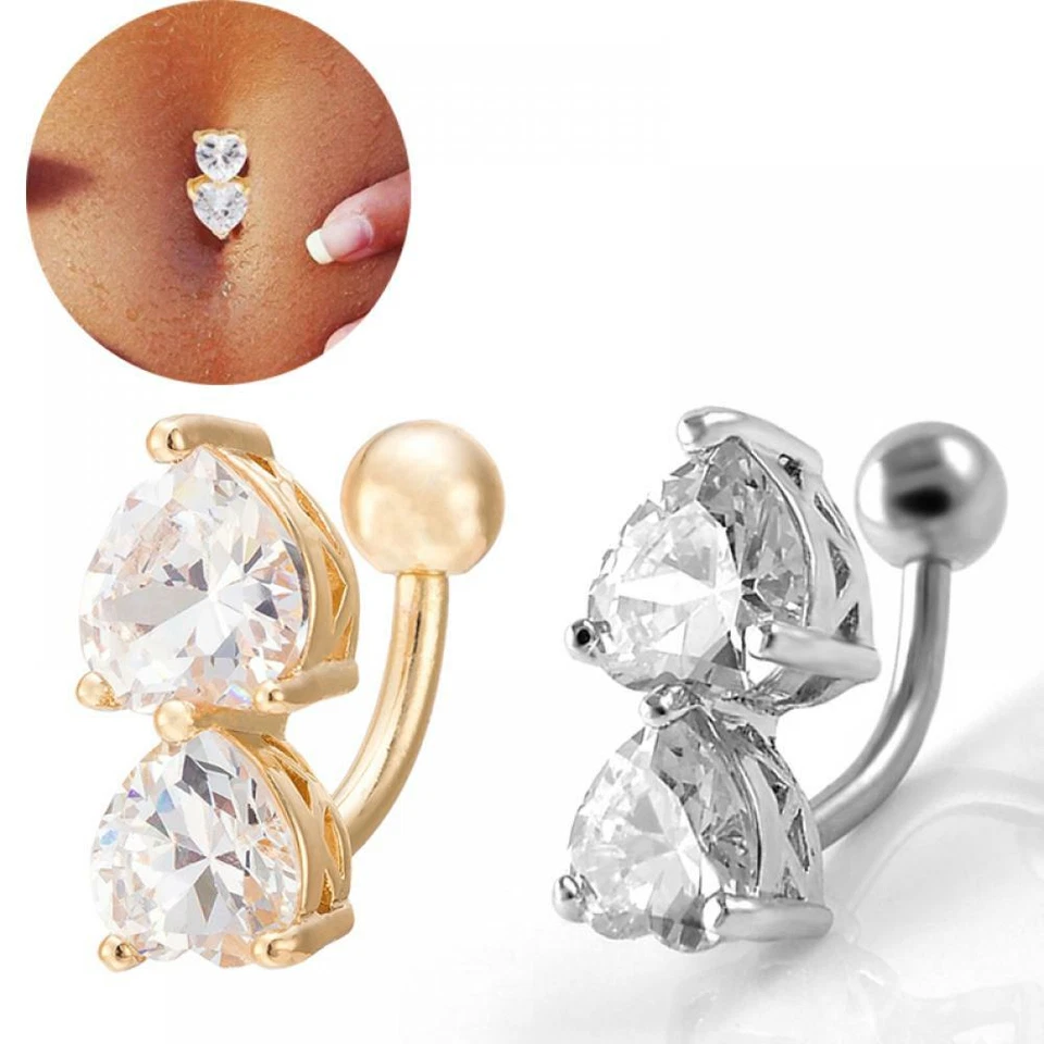 Navel Belly Bar Piercing Ring Crystal Heart Shape Stainless Steel Body Jewellery - image 2 of 4